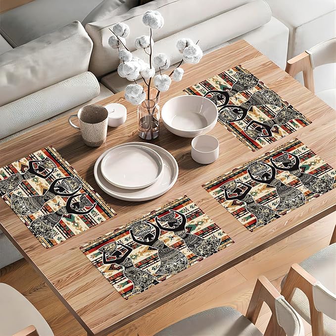 Southwestern Placemats Set of 6, African Woman Place Mats, Rustic Dancing Women with Pot on The Head Dining Table Mats, Washable Placemats for Kitchen Dining Room 18L'' × 12W''