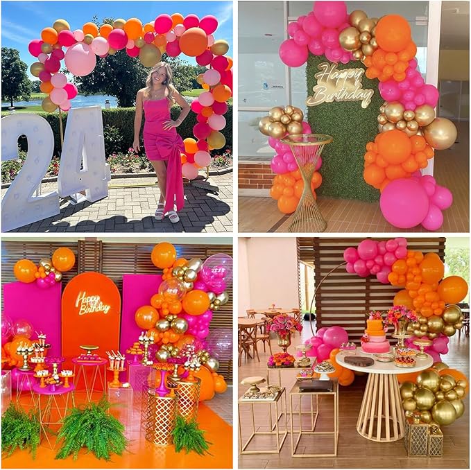 Pink and Orange Balloons 12 Inch Pastel Hot Pink Orange Latex Balloon with Gold Confetti Helium Party Balloons for Tropical Fall Birthday Halloween Baby Shower Thanksgiving Decoration