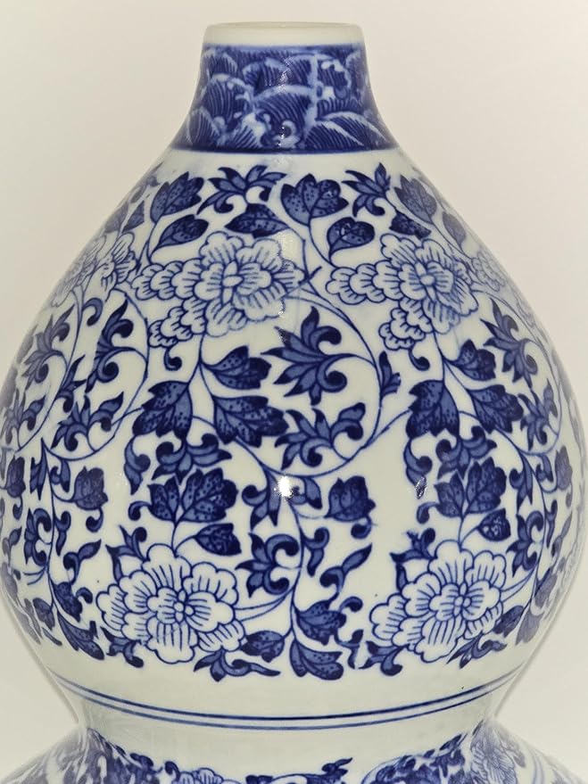 16" Classic Blue and White Porcelain Gourd-Shaped Vase, China Ming Style, Good Fortune, Fengshui, Jingdezhen