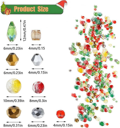 1000pcs Christmas Glass Beads for Jewelry Making Assorted Crystal Beads for DIY Crafts Bracelets Necklaces Earrings and Christmas Decorations Ornament Kits（Red Green Gold）