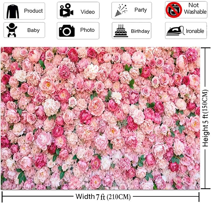 15x10ft Flower Photo Backdrop Flowers Wall Pink Rose Floral Spring Photography Backdrops for Pictures Newborn Wedding Bridal Shower Birthday Party Banner Decor Supplies Vinyl Photo Studio Props