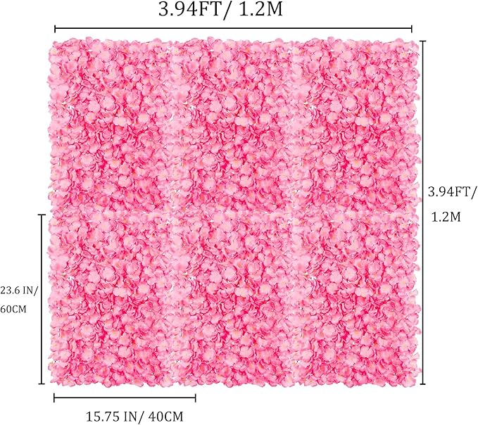BLOSMON Flower Wall Panel Backdrop - 6 Pcs 24 x 16 Inch Pink Artificial Hydrangea Floral Backdrop for Wedding Party Baby Bridal Shower Decor, Hanging Fake Silk Flower Backdrop Decoration