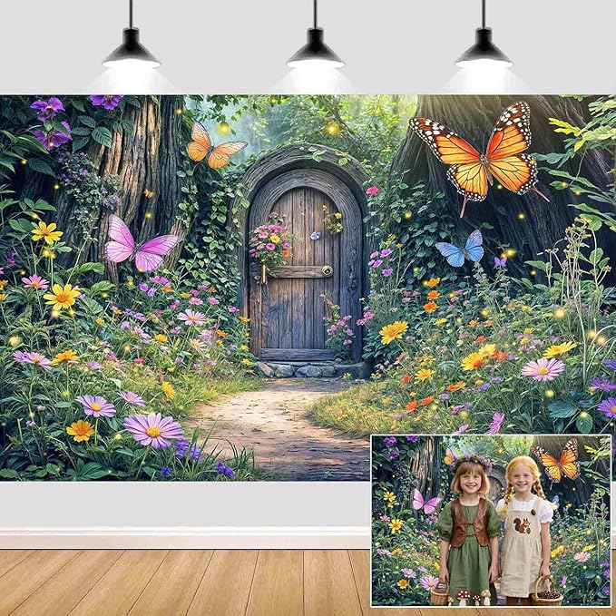5X3ft Enchanted Forest Backdrop Fairy Enchanted Wonderland Garden Wooden Door Floral Butterfly Photography Background for Kids Girls Baby Shower Birthday Party Decoration Banner Booth Props