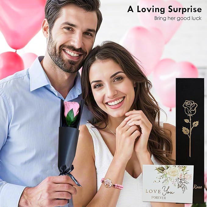 WILLSHINE Eternal Rose with Stem,Single Real Preserved Rose Gift Box,Forever Pink Flower Stems Bouquets for Women,Mum,Wife,Girlfriend,Valentine's Day,Mother's Day,Chirstmas,Birthday,Aniversary Gift