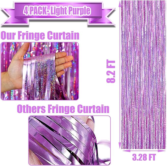 4 Pack Light Purple Tinsel Foil Fringe Curtain Backdrop, 3.28Ft x 8.2Ft Metallic Streamers for Photo Booth Wedding Bridal Shower Bachelorette Birthday Halloween Christmas Party Decoration