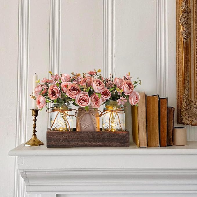 3 Pcs Mason Jar Centerpiece Table Decorations for Dining Table Decor Farmhouse Coffee Table Decor with Wood Tray and Led Light Table Centerpieces for Dining Room Kitchen Living Bathroom,Pink