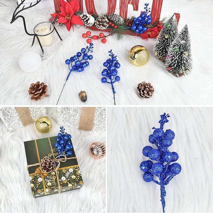 Blue Berries Picks, 14 Pack Artificial Berry Stems for Christmas Tree Decorations, Crafts, Holiday and Home Decor, 7.9 Inches (Dark Blue)