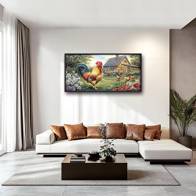 Farmhouse Chicken Large Decor Framed Wall Art Country Rooster Pictures for Living Room, Oversized Canvas Print Painting Modern Extra Large Framed Artwork for Bedroom Office Home Decor 60"x30"