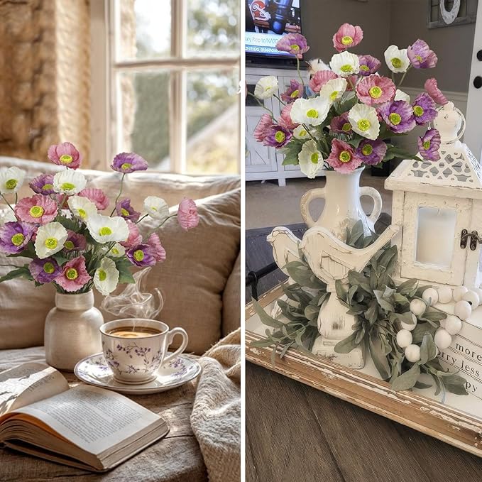 6 Pcs Poppies Flowers Artificial Poppy Silk Flowers with Stem Faux Poppies Artificial Flower Bulk Fake Flowers Bouquet for Wedding Home Party Table Centerpiece Arrangement Cemetery Indoor Decor