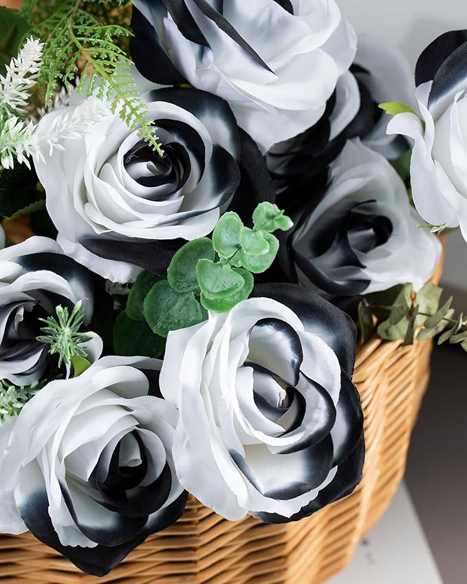 DuHouse 10pcs Fake Roses Artificial Silk Flowers Faux Rose Flower Long Stems for Arrangement Wedding Centerpiece Home Kitchen Decor(Black White)