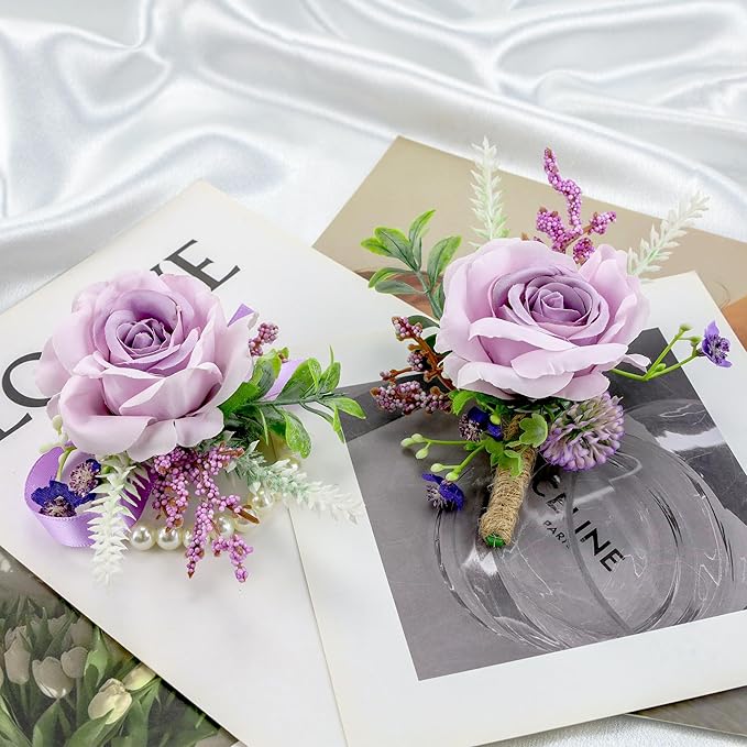 SITUMEIZI 2Pcs Purple Corsage and Boutonniere Set,Corsage Wristlet for Prom Decor,Boutonniere for Men Wedding Flowers Accessories Party Suit Decoration