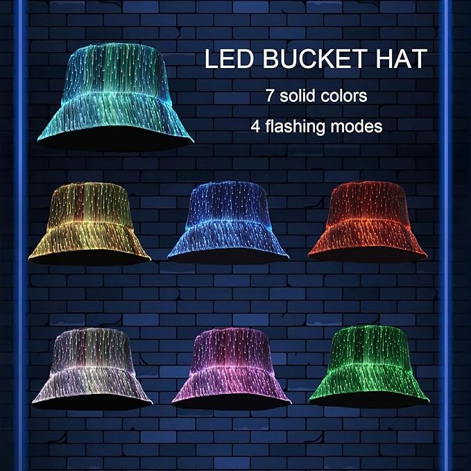 LED Rave Bucket Hat Light up Fisherman Cap 7 Colors Glow in the Dark Party Hats USB Rechargeable EDM Festival Gear