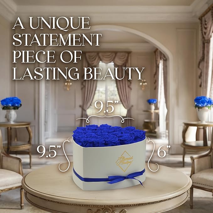 GLAMOUR BOUTIQUE Preserved Roses in a Box - Gifts for Her, Wife & Mom, Rose Flowers Forever Decor for Birthday Gift, Get Well Flower Bouquet Cased in White Box with Cover - Blue - 27-Piece
