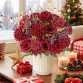 Dremisland Artificial Christmas Flowers 2 Bundles Fake Roses Silk Like Real Artificial Bouquets with Daisy Chrysanthemum Faux Flowers Arrangements for Christmas Centerpiece Table Home Decor