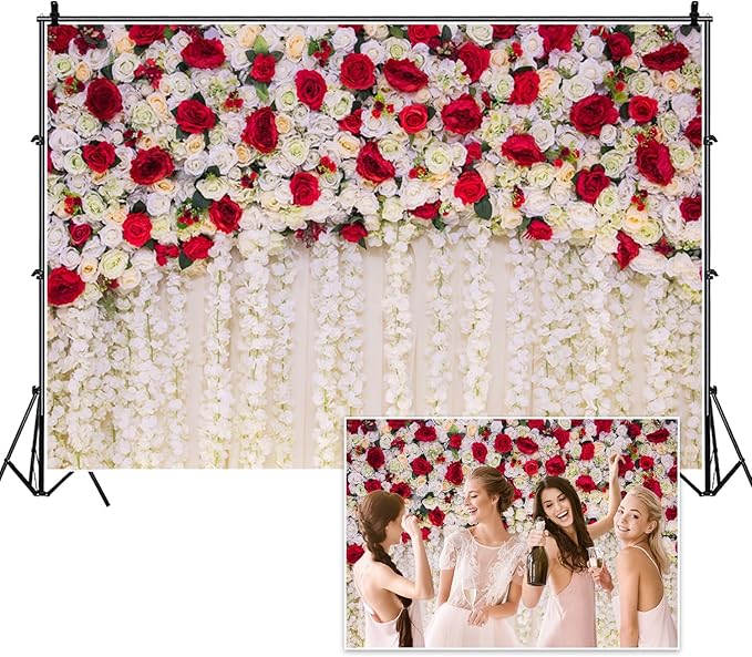 10x5ft White Red Flowers Wall Backdrop Wedding Floral Background Spring Blooming Roses Photography Banner for Bridal Shower Mothers Day Birthday Womens Day Valentines Day Baby Shower Decor