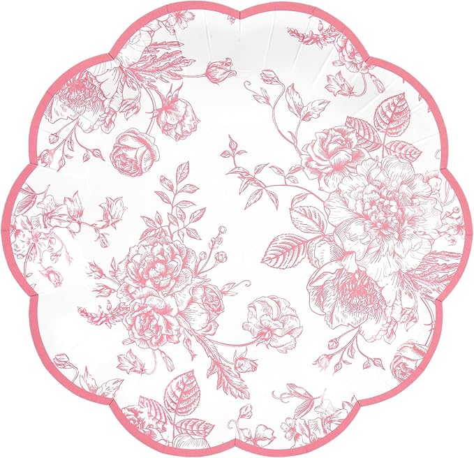 Pink Floral Party Plates Vintage Floral Leaf Disposable Paper Plates Wildflower Pink Toile 7" Scalloped Rim Dessert Plates for Valentines Birthday Bridal Tea Party Supplies (24)