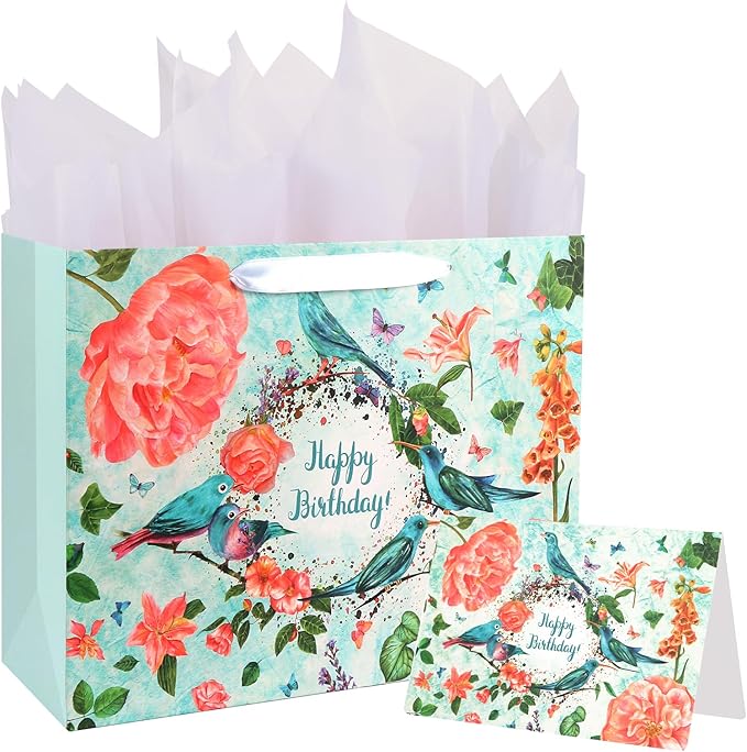 ASYEHJNR 13" Large Size Happy Birthday Gift Bag Teal Happy Birthday Sign with Birds Butterflies Floral Flower Pattern Retro Gift Bag with Greeting Card and Tissue Paper and Handle Ribbon for Girls Women Bday