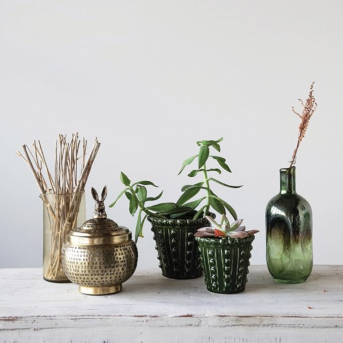 Creative Co-Op Round Hammered Metal Container with Rabbit Finial, Brass Finish