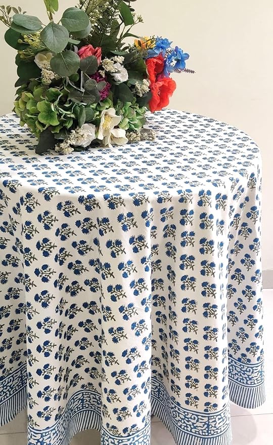 ATOSII Gulbahar Blue 100% Cotton Fall Round Tablecloth, Handblock Print Floral Table Cloth for Kitchen Dining Linen I Thanksgiving, Christmas, Weddings, Outdoors, Parties I 60" Inches I 4 Seater Table