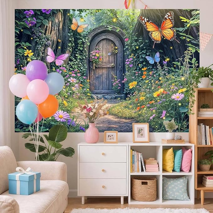 5X3ft Enchanted Forest Backdrop Fairy Enchanted Wonderland Garden Wooden Door Floral Butterfly Photography Background for Kids Girls Baby Shower Birthday Party Decoration Banner Booth Props
