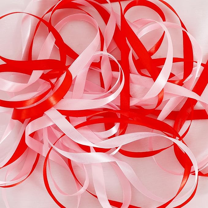 TONIFUL 5 Rolls Valentine Satin Ribbon Set - 3/8" x 25 Yards for Gift Wrapping, Crafts, Bouquet, Crafts, Bows Making, Wedding, Anniversary, Christmas Party Decoration (Red, Pink & White)