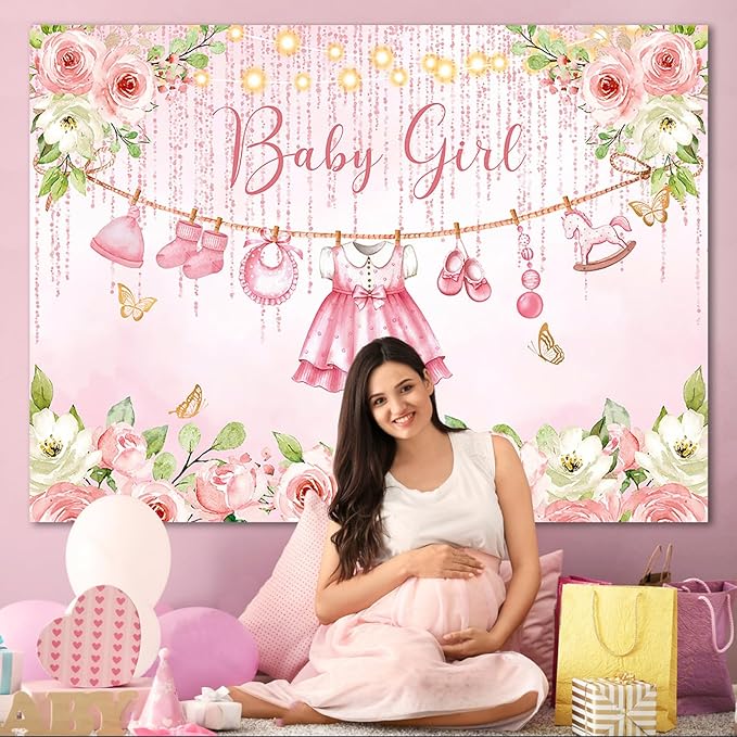 Pink Floral Baby Girl Baby Shower Backdrop Party Decorations,Rose Gold Flower Its a Girl Banner Backdrops Photography Background for Baby Shower Newborn Party Supplies Photo Booth Props 7x5ft
