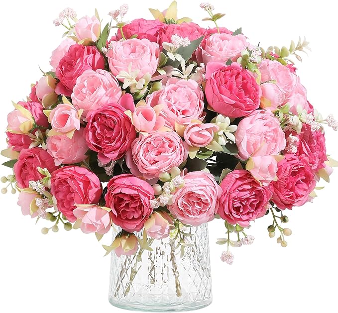 Floweroyal 4 Bunches Peony Artificial Flowers Pink Flowers Silk Peonies Bouquets for Wedding Party Table Centerpieces Floral Arrangement Home Kitchen Decor