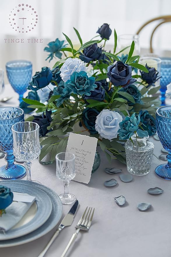 TINGE TIME Artificial Flowers, 25pcs Real Looking Dusty Blue Rose Fake Roses w/Stem for DIY Wedding Bouquets Centerpieces Arrangements Party Baby Shower Home Decorations