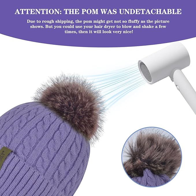 FENELY Women's Knitted Warm Beanie Winter Hat, Warm Chunky Snow Hat with Pompom