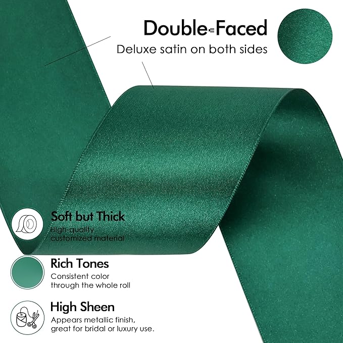 MEEDEE Dark Green Satin Ribbon - 2 inch Double Faced Satin Ribbon for Christmas Tree, Wreaths, Weddings, Flower Bouquets