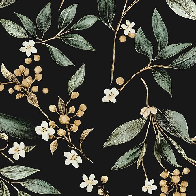 Extra Long Dark Peel and Stick Wallpaper 17.5" x 393" – Vintage Floral Green Leaf Botanical Self-Adhesive Vinyl Contact Paper for Bathroom Bedroom Kitchen Cabinet Drawer Walls PVC DIY Decor