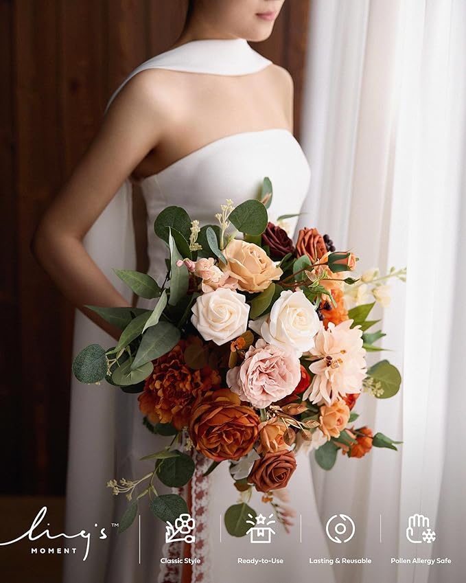 Ling's moment Terracotta Wedding Bouquets for Bride, Burnt Orange Bridal Bouquets for Bride, 15 Inch Free Form Artificial Wedding Flower Bouquet