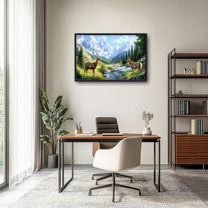 Mountain Forests Deer Large Wall Art Framed Farmhouse Wall Decor for Living Room Rustic Elk Pictures Oversized Canvas Print Painting Modern Extra Large Framed Artwork for Bedroom Office 36"x24"