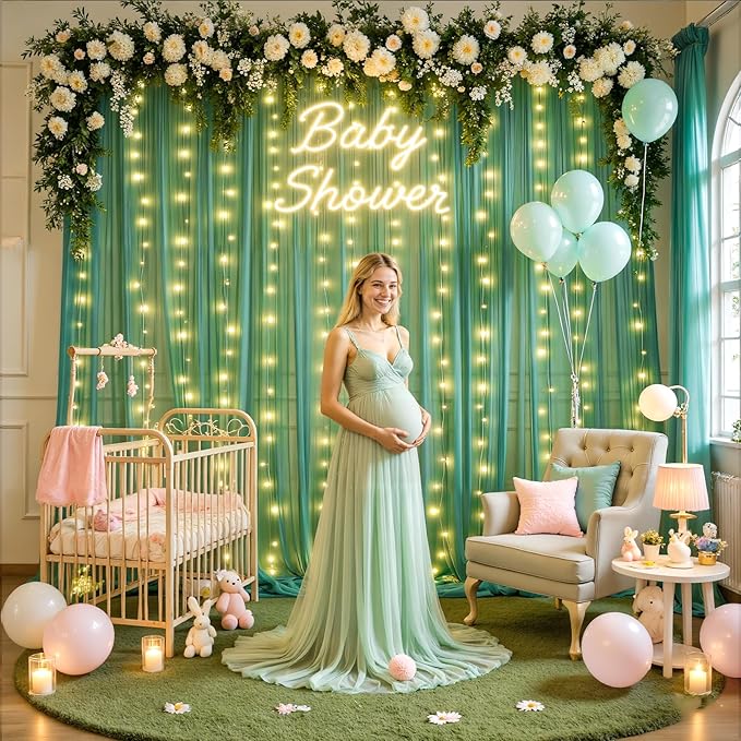 10ft x 8ft Hunter Green Tulle Photo Backdrop Curtain with Lights String for Christmas Party Sheer Curtain Backdrop Drapes for Birthday Party Holiday Wedding Photo Booth Background Room Decorations