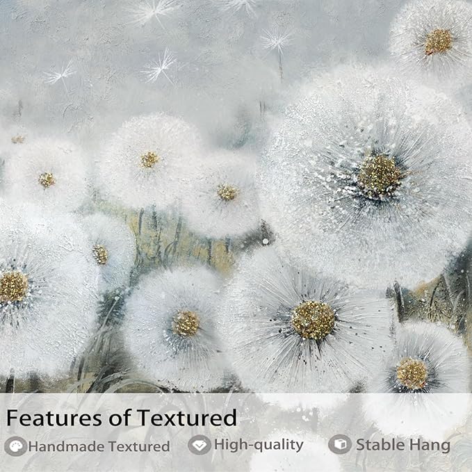 Ardemy Flower Wall Art Canvas Dandelion Painting White Floral Picture, Textured Extra Large Framed for Living Room Bedroom Kitchen Dining Room Home Office Decor 58"x29"