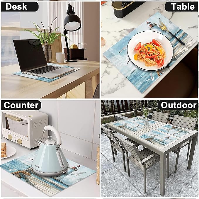 Lighthouse Seagull Placemats Set of 6 Washable Table Mats Ocean Nautical Coastal Heat-Resistant Cotton Linen Place Mats for Dining Table Kitchen Indoor Outdoor Party Holiday Decor