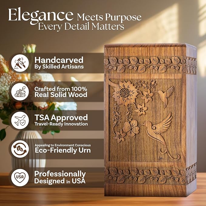 INTAJ Handcarved Rosewood Hummingbird Oversized Urn for Human Ashes - 640 lbs Companion Capacity - Wooden Cremation Urn Box for Burial Funeral Decorative Memorial Casket Floral Carving