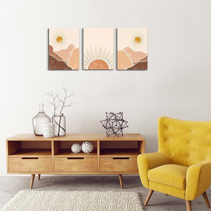 MHARTK66 Boho Wall Decor Living Room Canvas Wall Art For Bedroom Minimalist Abstract Mountain Sunshine Wall Paintings Wall Decorations For Girl Room Office Wall Decor Pictures Home Decor 3 Piece