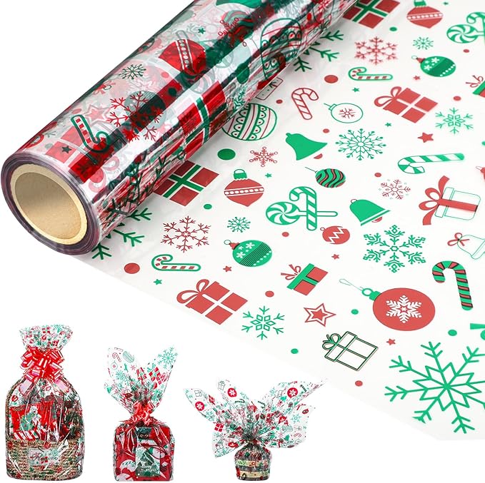 woric Cellophane Wrap for Gift Baskets 17in x 82 Ft Christmas Cellophane Wrap Roll Gift Basket Wrapping Plastic for Gift Wrapping Treats Party Favors Christmas Decoration