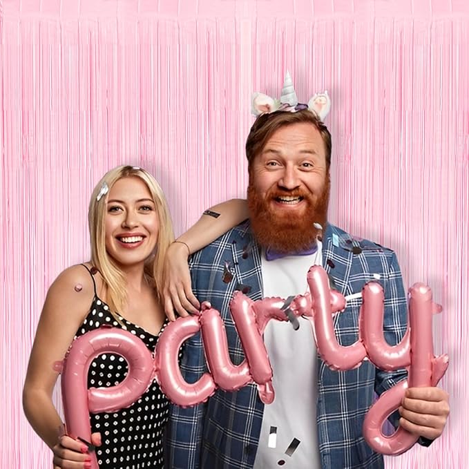 BRAVESHINE Pastel Pink Foil Fringe Curtains Tinsel Backdrop - 2 Pack Photo Booths Party Streamers for Christmas Snowflake Girls Princess Birthdays Baby/Bridal Shower Bachelorette Sweet Bow Decorations