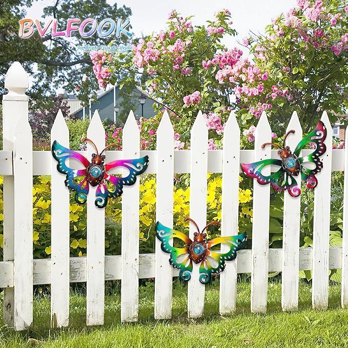 Garden Decor Clearance Metal Butterfly Wall decor 3D Wall Art Hanging Christmas for Patio Fence, Set of 3, 9 inch, Indoor Outdoor Christmas Gift for Family