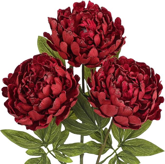 Briful 3PCS Red Peony Artificial Flower Stems 29.1in Long Stem Fake Peonies Silk Floral Arrangement Real Touch Peony Flower for Christmas Home Vase Party Wedding Bouquet Decor