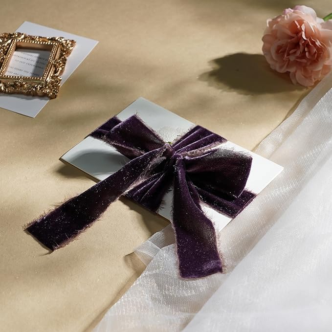 Plum Velvet Ribbon 1.5 Inch Frayed Silk Velvet Rustic Mauve Purple Christmas Ribbon for Gift Wrapping, Wedding Invitation Bridal Bouquet -3yards