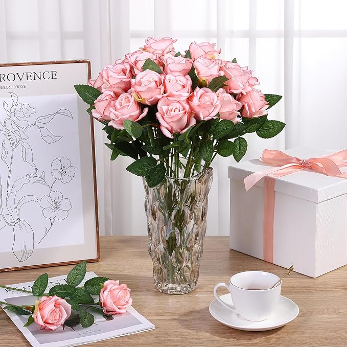 80 Pcs Roses Artificial Flowers, Silk Light Pink Artificial Flowers Petals Long Stem Roses for Wedding Bouquet Home Party Decor