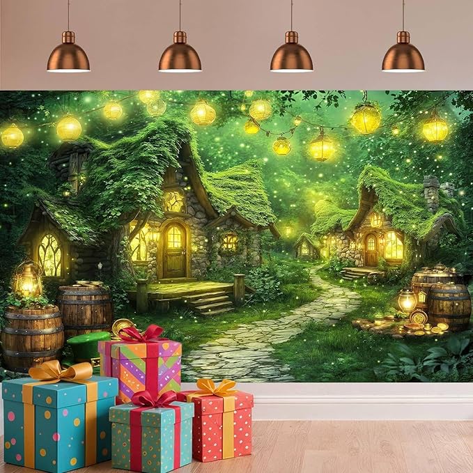 15X10ft St. Patrick's Day Backdrop Magic Enchanted Forest Green House Lucky Irish Shamrock Gold Coins Wonderland Photography Background for Kids Girls Party Decoration Cake Table Photo Booth Props