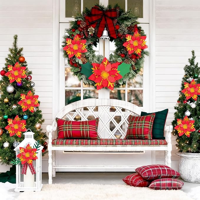 17PCS Christmas Paper Flower Wall Decoration Red Gold Poinsettia Large Flowers Artificial Christmas Flower Window Stickers Flower Window Wall Art Decals for Xmas Party, Living Room Door Xmas Tree