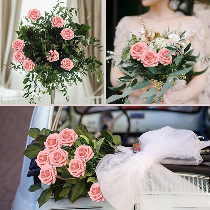 200PCS Artificial Flowers Pink Roses Real Looking Foam Fake Roses with Leaves for DIY Wedding Bouquets Bridal Shower Party Decorations (Pink, 200)