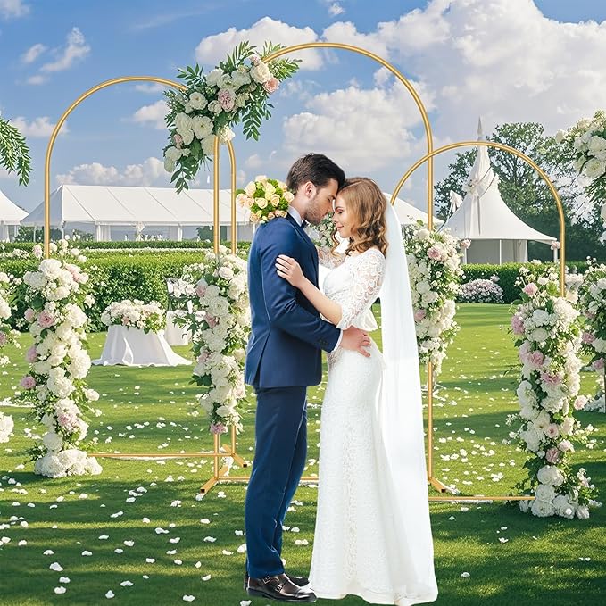 Metal Arch Backdrop Stand, Set of 3 (6/6.6/7.2 ft) Wedding Arched Frame with 12 Ground Nails and Storage Bag, Stable Arched Background Stand for Wedding, Baby Shower, Birthday Party, Photography, Gold
