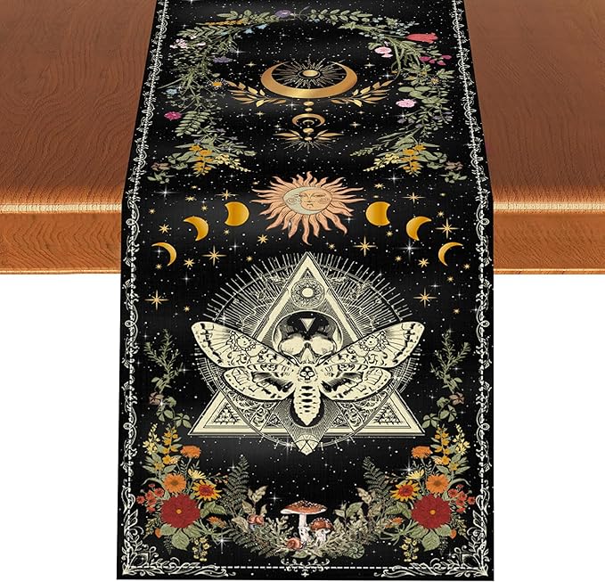 Gothic Moth Table Runner, Boho Gothic Sun Moon Phase Wildflower Mystical Witchy Farmhouse Coffee Table Center Decor for Home Kitchen Dining Patio Holiday Party Table Decorations 13x36 inches