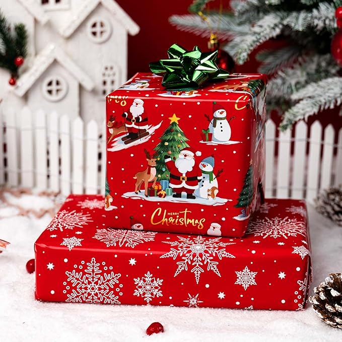 MAYPLUSS Red Christmas Wrapping Paper Roll - 17IN X 33FT - Santa Gift Wrapping Paper Featuring Christmas Tree Santa Claus Snowman Reindeer Reversible Snowflake for Kids, Holiday, New Year